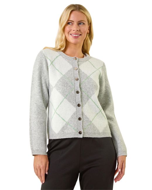 Roman Gray Petite Argyle Buttoned Knit Cardigan