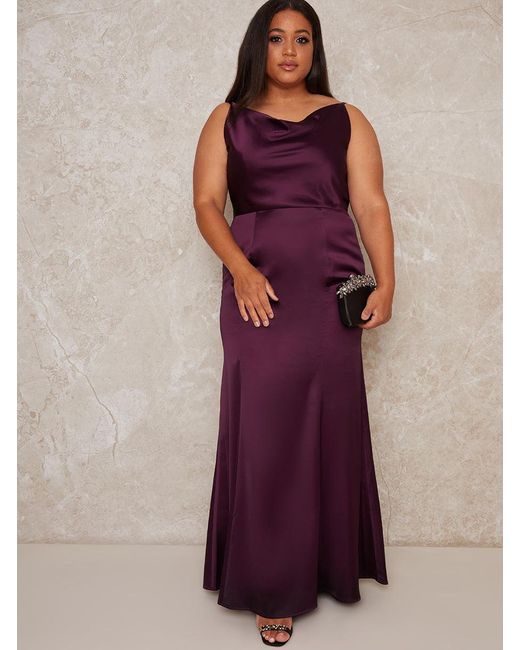 Chi Chi London Purple Plus Size Cowl Neck Satin Slip Maxi Dress