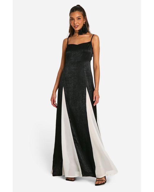 Boohoo Black Satin Contrast Godet Maxi Dress