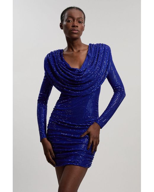 Karen Millen Blue Premium Crystal Embellished Jersey Cowl Neck Mini Dress