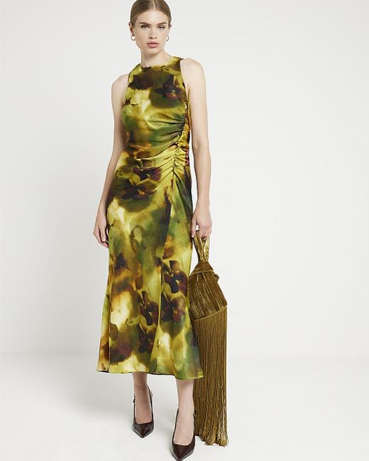River Island Green Bodycon Midi Dress Abstract Ruched