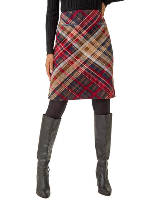 Roman Red Check Print Stretch Pencil Skirt