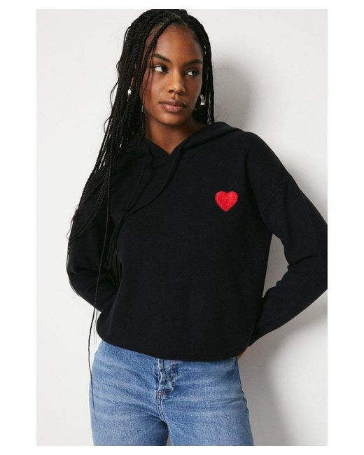 Warehouse Black Hooded Heart Embroidered Jumper