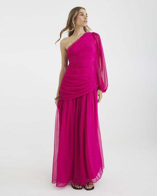 River Island Pink Maxi Dress Premium Plisse One Shoulder