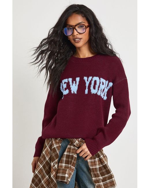 Boohoo Red New York Crew Neck Knitted Jumper