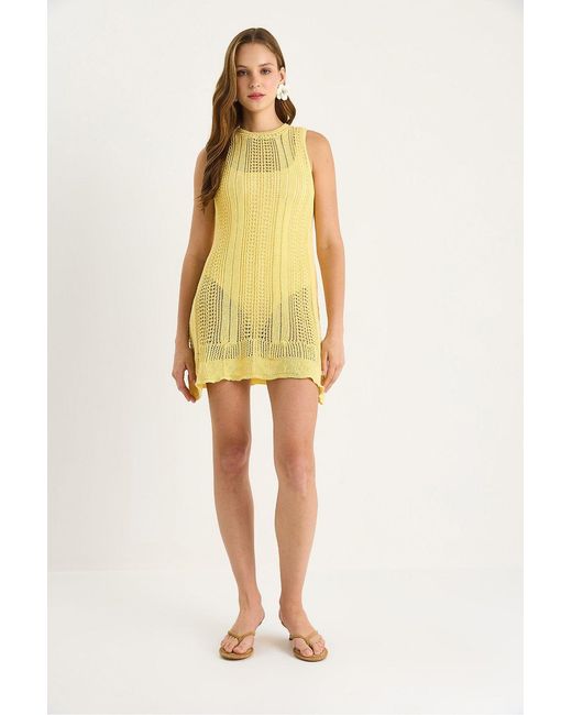 Bianco Lucci Yellow Textured Knitwear Transparent Mini Dress