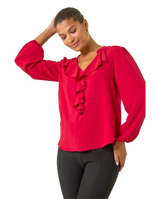 Roman Red Ruffle Neck Blouse