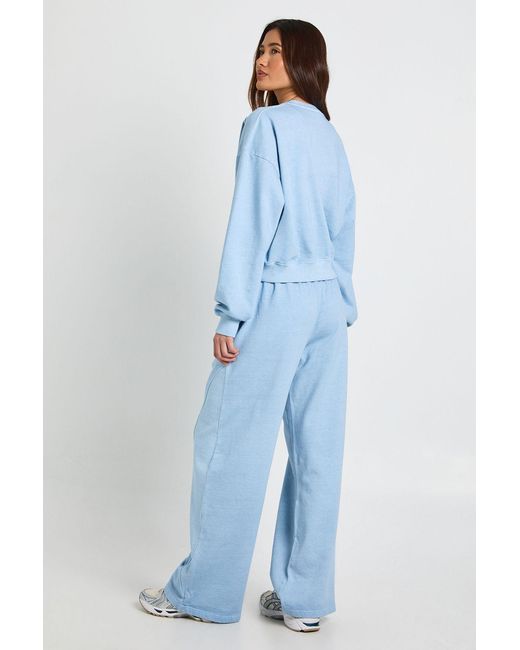 Boohoo Blue Washed Ribbed Detail Straight Leg Tracksuit