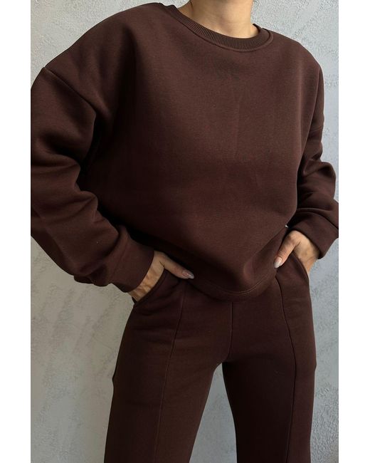 Hiccup Brown 2 Pieces: Round Neck Basic Sweatshirt & High Waist Slit Sweatpant