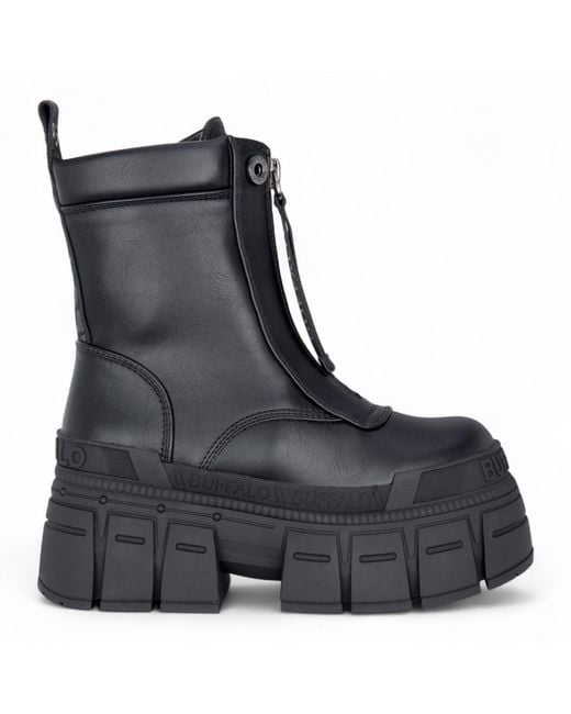 Buffalo Black Chunky Platform Front Zip High Ankle Combat Boots
