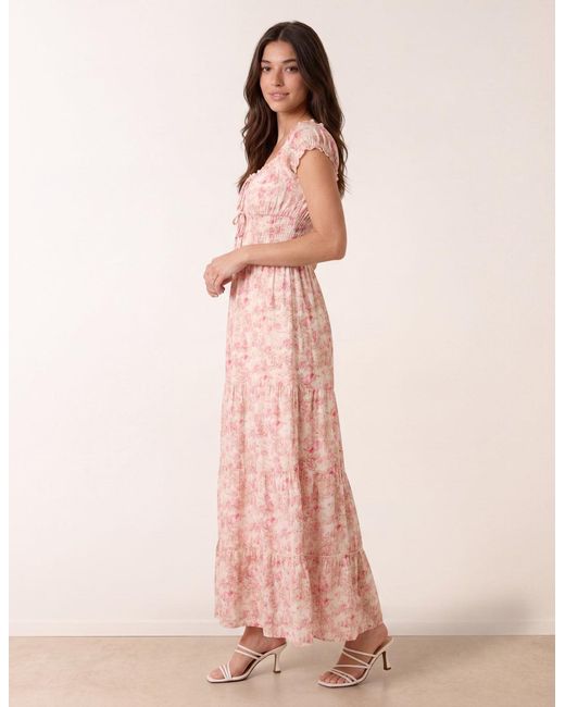 Blue Vanilla Pink Double Front Tie Shirred Ditsy Floral Maxi Dress