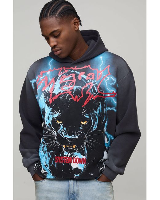 BoohooMAN Blue Oversized Boxy Washed Panther Over Seam Graphic Hoodie for men