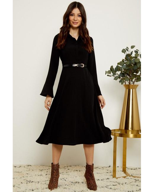 Sosandar Black Button Front Fit & Flare Shirt Dress