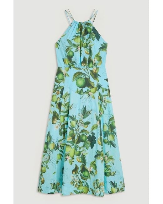 Karen Millen Green Plus Size Lime Print Cotton Halter Neck Woven Midi Dress With Dropped Waist Detail