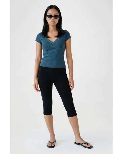 Boohoo Blue Ribbed Lace Trim Cap Sleeve Top