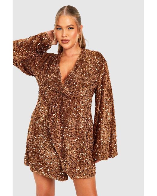 Boohoo Brown Plus Sequin Velvet Twist Front Dress