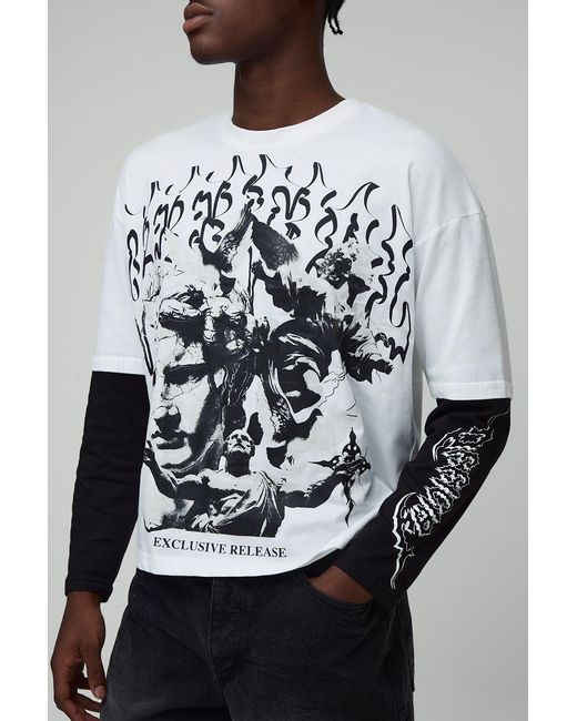 BoohooMAN Gray Oversized Boxy Faux Layer Gothic Printed Long Sleeve T-Shirt for men