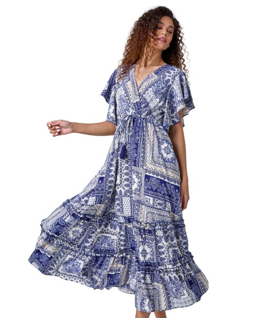 Roman Blue Patchwork Print Tiered Wrap Maxi Dress