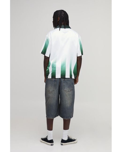 BoohooMAN Green Oversized Half Sleeve Homme Sports Print Satin Shirt for men