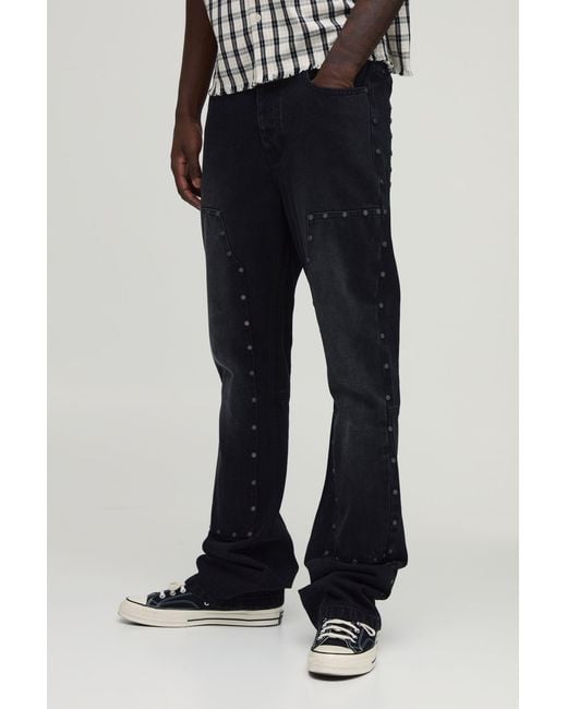 BoohooMAN Black Studded Carpenter Stacked Slim Flared Jeans for men