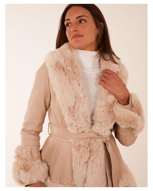 Blue Vanilla Brown Faux Fur Pu Coat With Belt