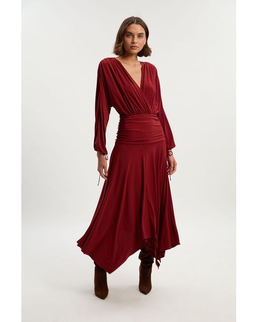 Karen Millen Red Stretch Drapey Crepe Ruched Plunge Neck Batwing Sleeve Maxi Dress