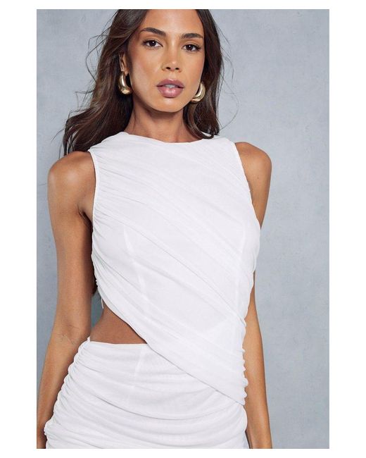 MissPap White Sculpting Mesh Ruched Cut Out Sleeveless Bodycon Mini Dress