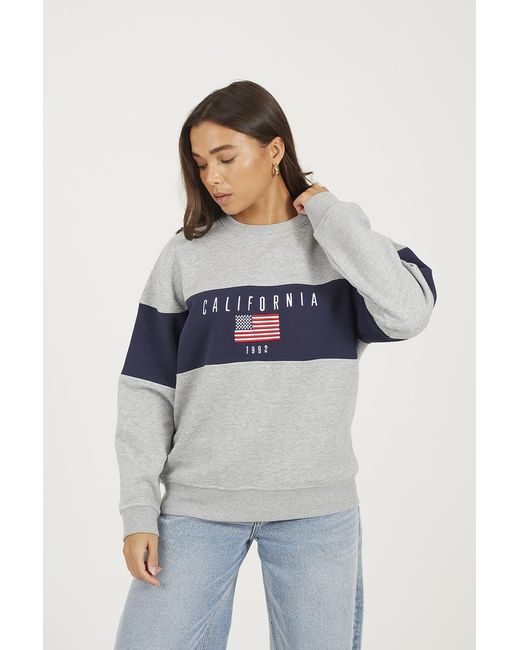 Brave Soul Gray Contrast Stripe Panel Crew Neck Sweatshirt