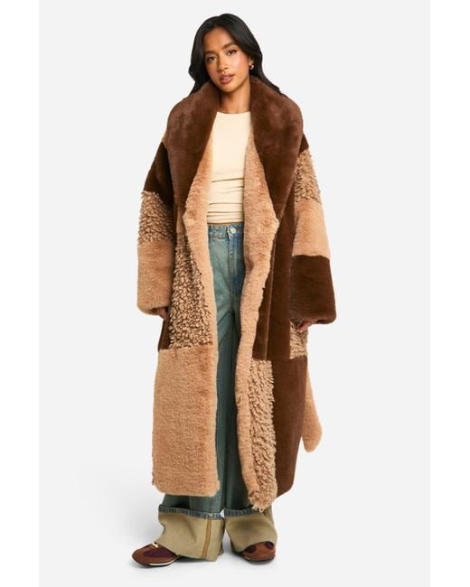 Boohoo Brown Petite Patchwork Faux Fur Belted Coat