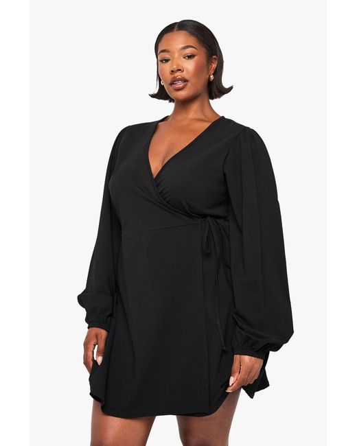 Boohoo Black Plus Balloon Sleeve Wrap Dress