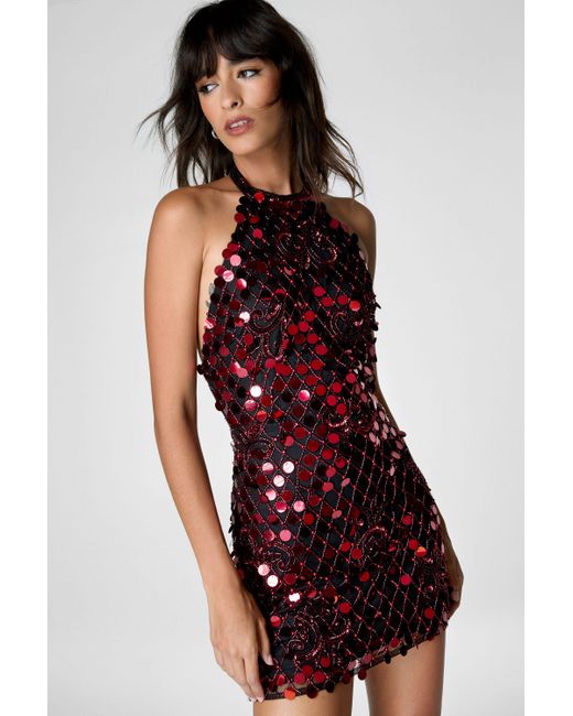 Nasty Gal Red Disc Sequin Paisley Beaded High Neck Strappy Back Mini Dress