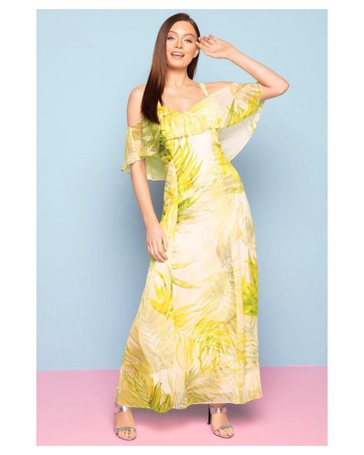 Roman Metallic Leaf Print Cold Shoulder Maxi Dress