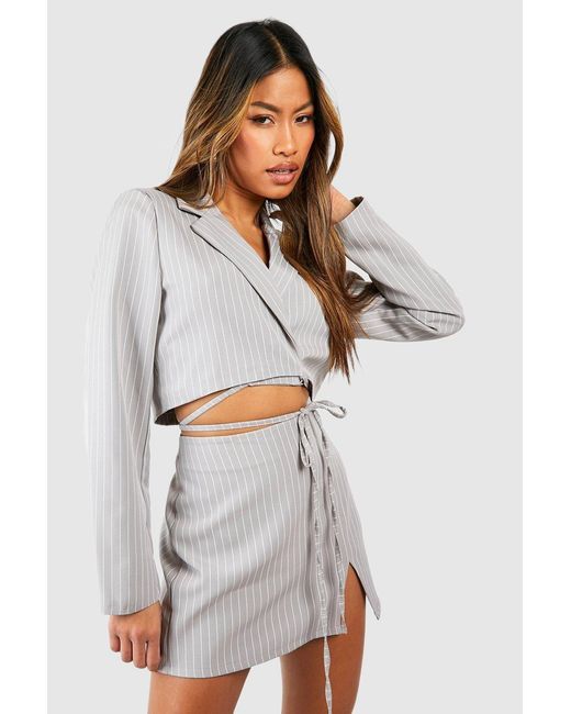 Boohoo White Pinstripe Tie Waist Cropped Blazer
