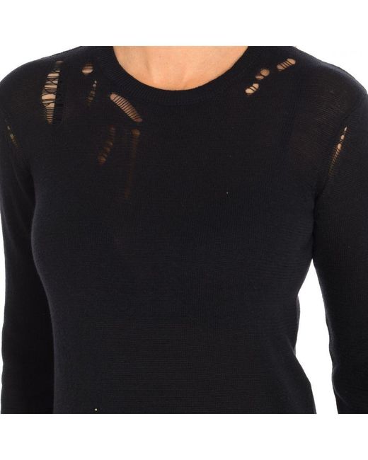 ELEVEN PARIS Black Caiman Long Sleeve Round Neck Blouse 17S2Sr011