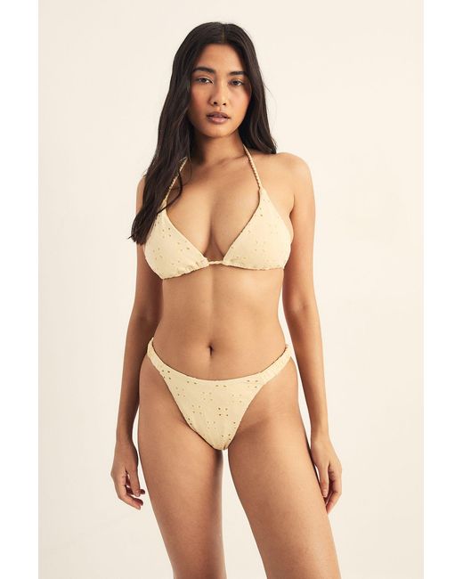 Nasty Gal Natural Broderie Rope Trim Ruched High Leg Bikini Set