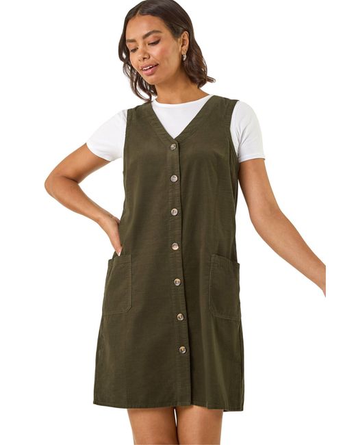 Roman Green Cotton V-Neck Button Pocket Dress