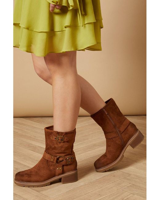 Oasis Green Lila Faux Suede Chunky Biker Calf Boots