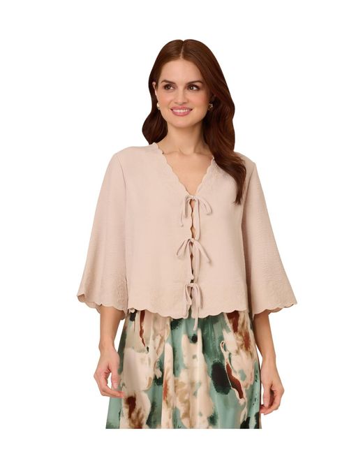 Adrianna Papell Natural V-Neck Open Front Woven Top With Embroidery Scalloped Edge