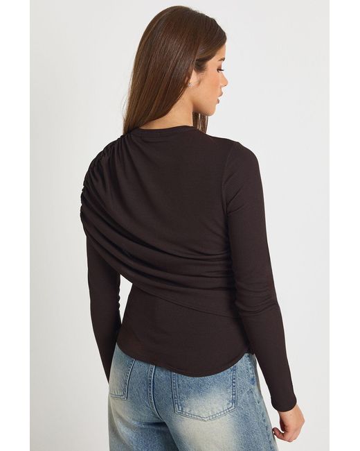 Boohoo Black Ribbed Draped Front Long Sleeve Top