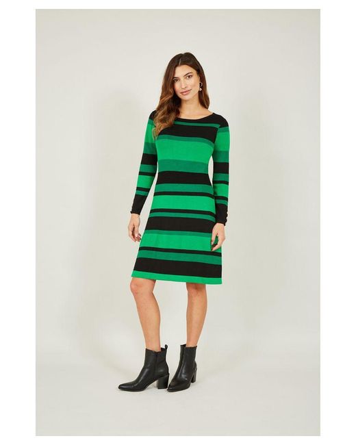 Yumi' Green Striped Knitted Skater Dress Viscose