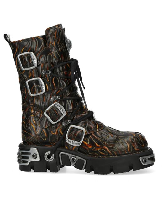 New Rock Black M-591-C62 Mid-Calf High Flame Leather Metallic Gothic Boots