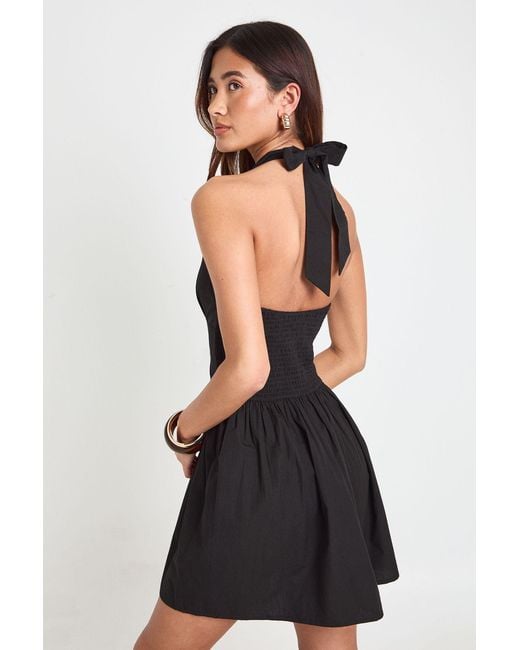 Boohoo Black Cotton Poplin Halter Neck Pleated Mini Dress