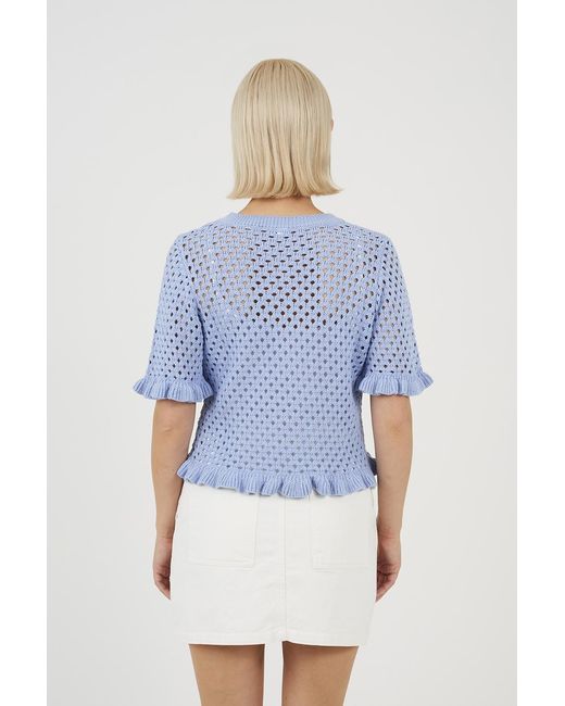 Brave Soul Blue Open Knit T Shirt With Frill Hem