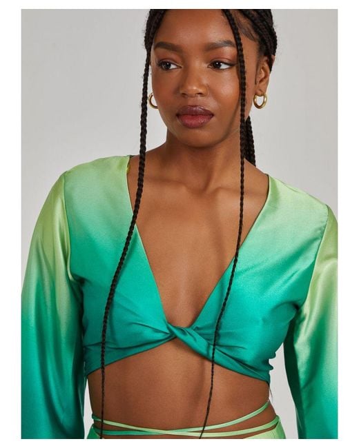 Pink Vanilla Green Twist Front Satin Long Sleeve Crop Top