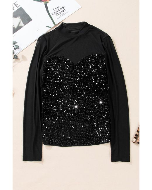 Azura Exchange Black Sequin Velvet Sheer Mesh Mock Neck Blouse