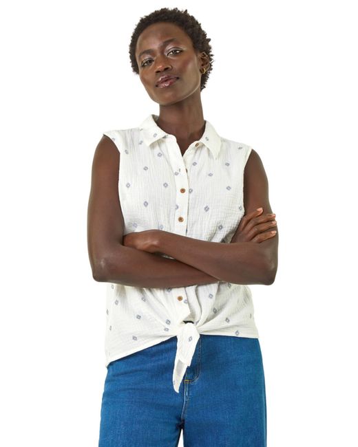 Roman Blue Embroidered Tie Hem Blouse