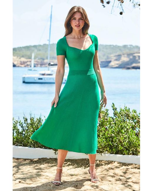 Sosandar Green Spring Sweetheart Neckline Fit & Flare Knitted Dress