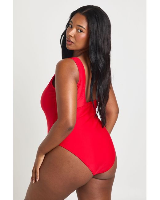 Boohoo Red Plus Essentials Scoop Neck Swimsuit