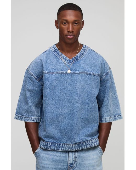 BoohooMAN Blue Oversized Boxy V Neck Denim Hockey T-Shirt for men