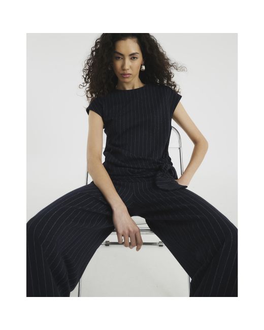 River Island Black Short Sleeve Pinstripe Tie Detail Top